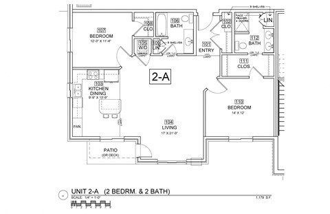 Floor plan for 2 beds, 2 baths, 1258 sqft